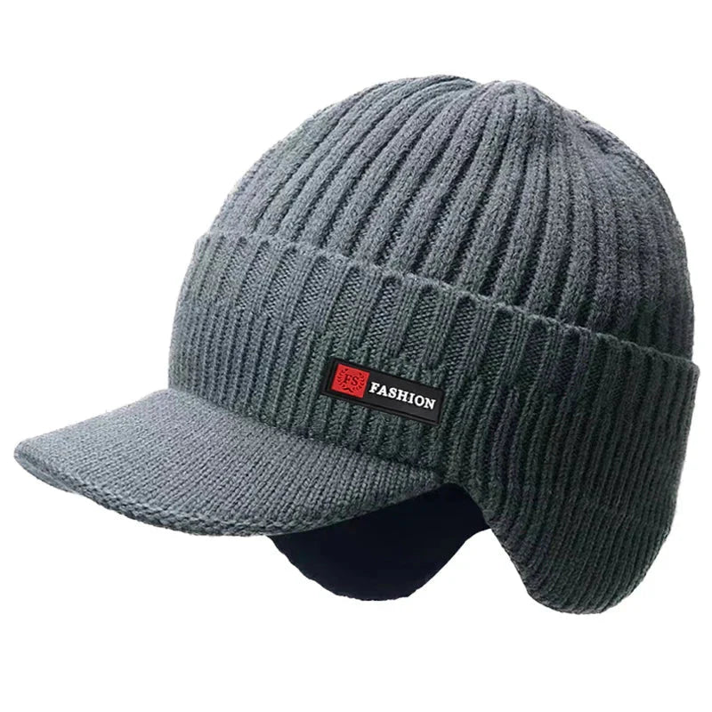 Winter men's hat with ear protection, windproof visor, and thick knitted design for outdoor activities