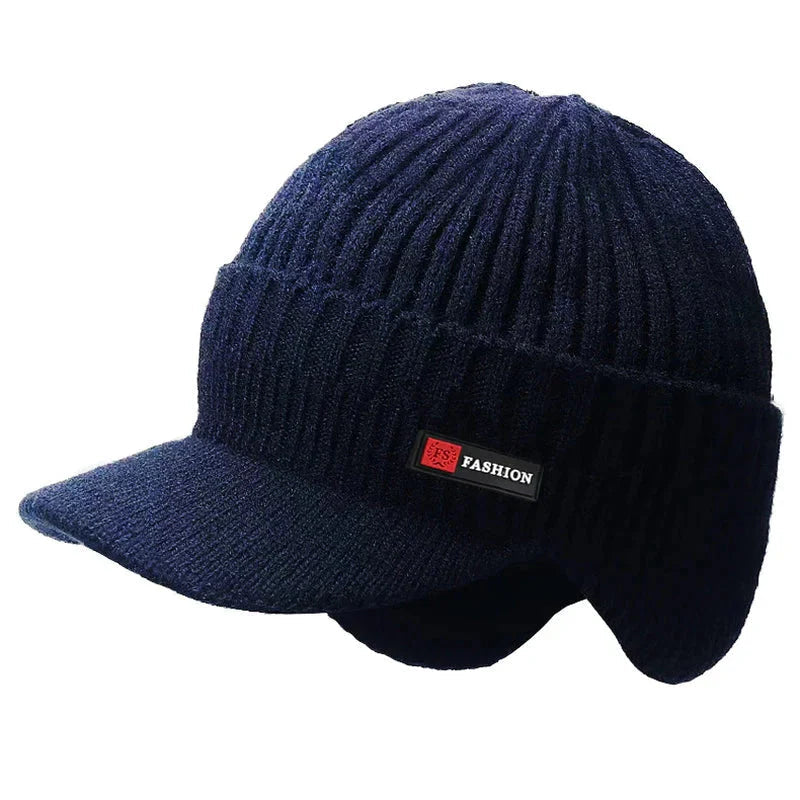Winter men's hat with ear protection, windproof visor, and thick knit for outdoor warmth