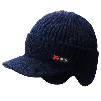 Winter men's hat with ear protection, windproof visor, and thick knit for outdoor warmth