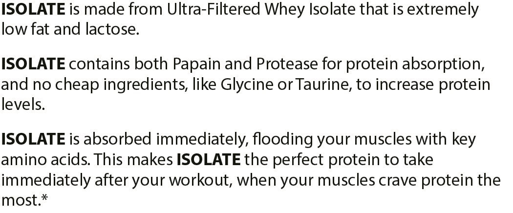 Pure Whey Isolate protein powder container highlighting 25g pure whey isolate per serving, zero fillers, smooth mix, and muscle recovery benefits
