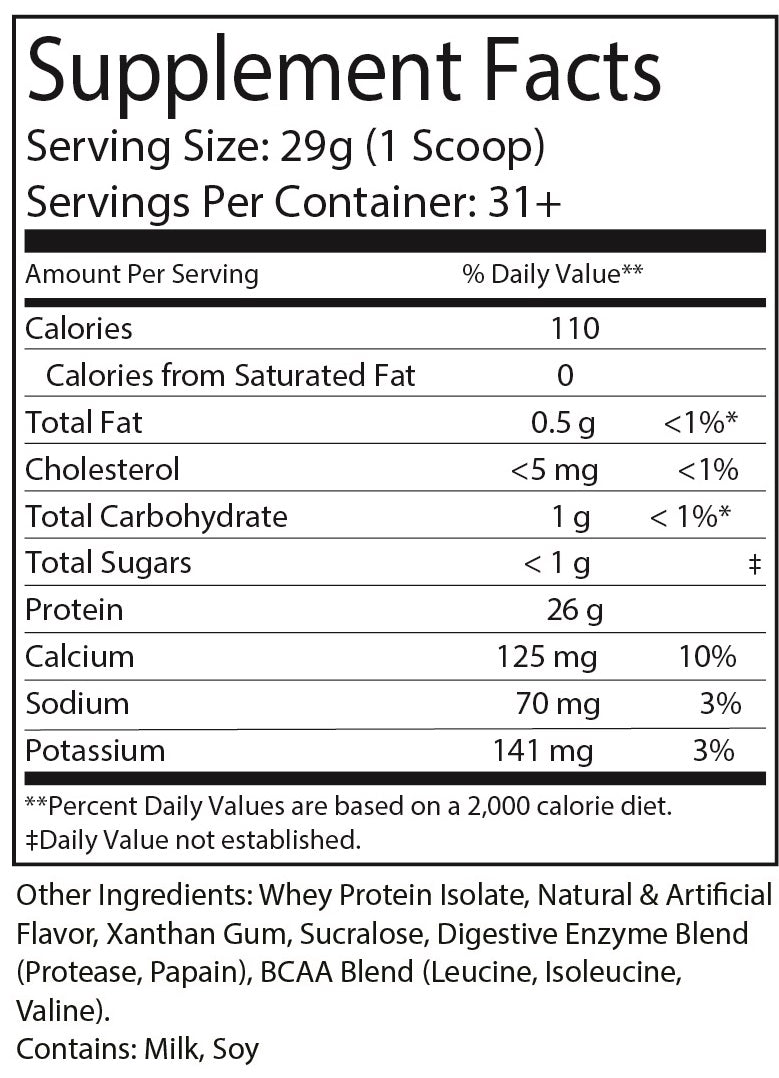 Pure Whey Isolate protein powder container with clean, high-quality muscle recovery formula