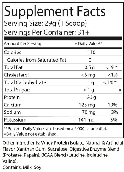 Pure Whey Isolate protein powder container with clean, high-quality muscle recovery formula