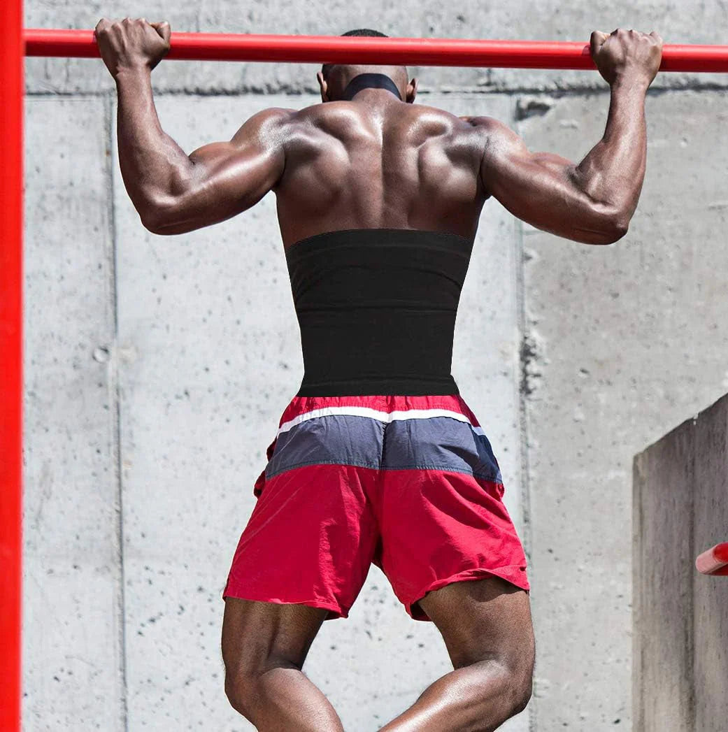 Men wearing Sauna Waist Trimmer Belt for fat burning and waist shaping during workout