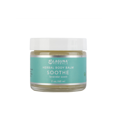 Soothe multi-purpose botanical body balm with olive oil, beeswax, chamomile, rose, calendula, and elderberry for moisturizing and skin healing