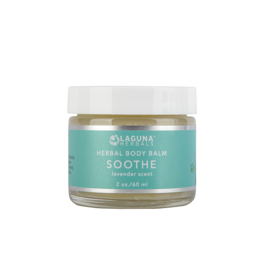 Soothe multi-purpose botanical body balm with olive oil, beeswax, chamomile, rose, calendula, mullein, plantain, and elderberry for moisturizing and protective skin care 2oz