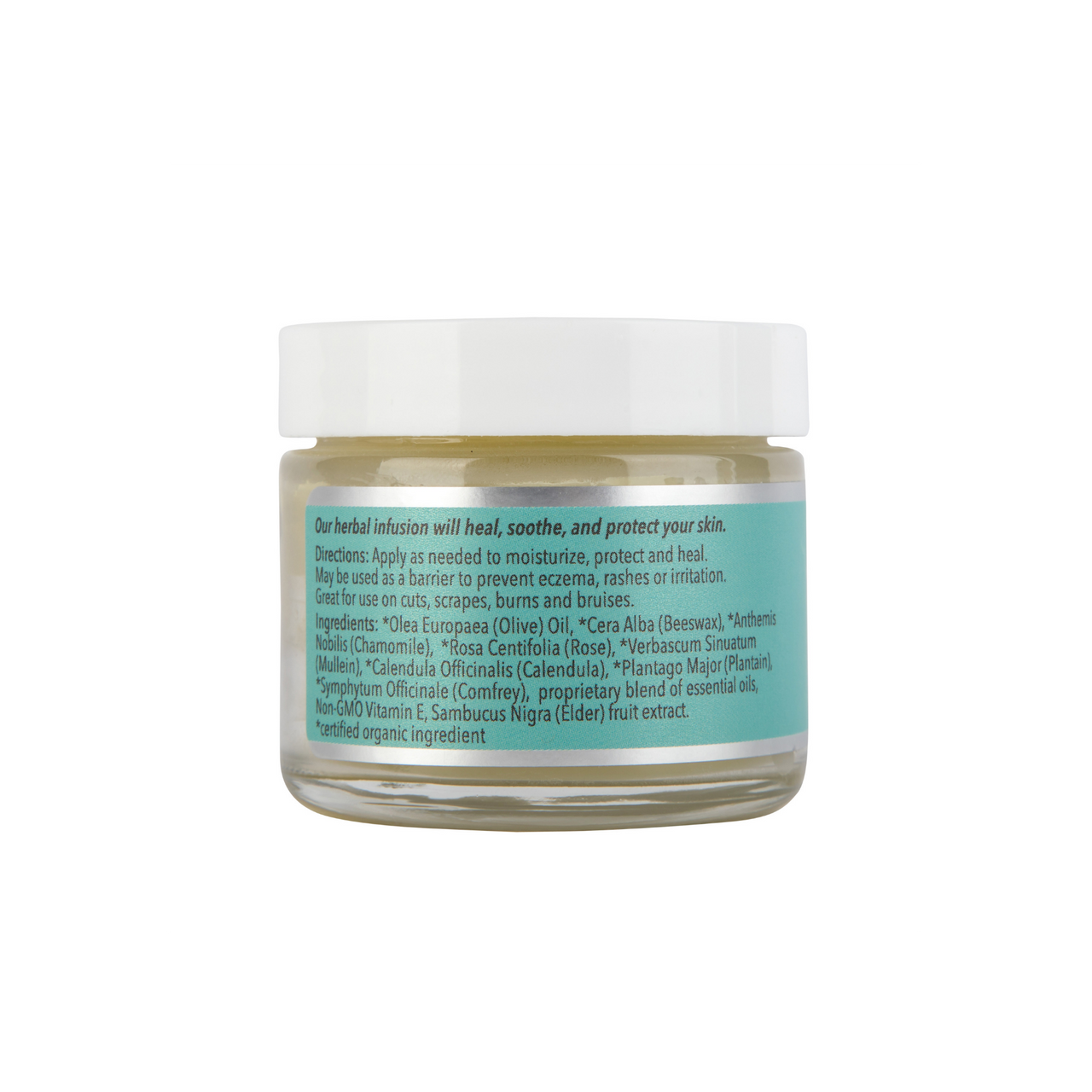 Soothe multi-purpose botanically infused moisturizing and protective body balm with olive oil, beeswax, chamomile, rose, calendula, mullein, plantain, and elderberry extract in 2oz jar