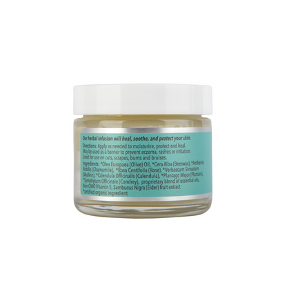 Soothe multi-purpose botanically infused moisturizing and protective body balm with olive oil, beeswax, chamomile, rose, calendula, mullein, plantain, and elderberry extract in 2oz jar
