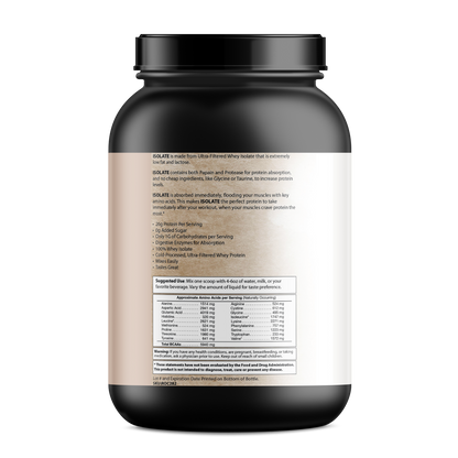 Pure Whey Isolate protein powder container, premium 100% whey isolate for muscle growth and recovery