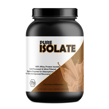 Pure Whey Isolate protein powder jar with clean, high-quality whey isolate supplement for muscle growth and recovery