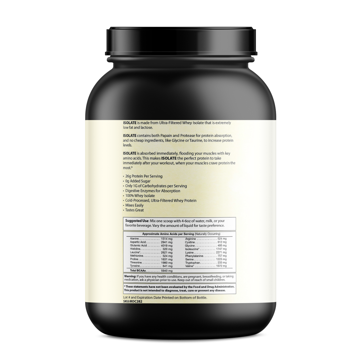 Pure Whey Isolate protein powder container highlighting 25g pure whey isolate per serving, zero fillers, low sugar, and muscle recovery benefits