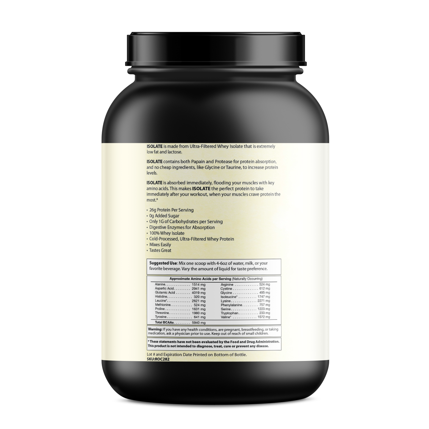 Pure Whey Isolate protein powder container highlighting 25g pure whey isolate per serving, zero fillers, low sugar, and muscle recovery benefits