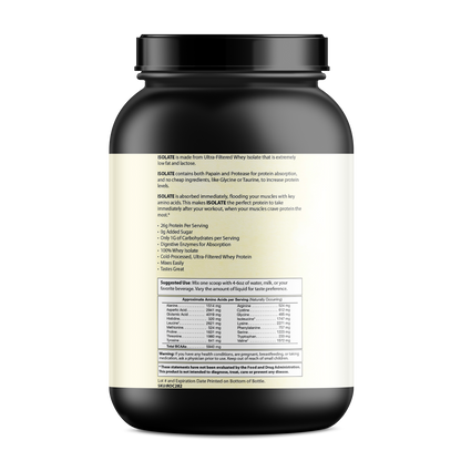 Pure Whey Isolate protein powder container highlighting 25g pure whey isolate per serving, zero fillers, low sugar, and muscle recovery benefits