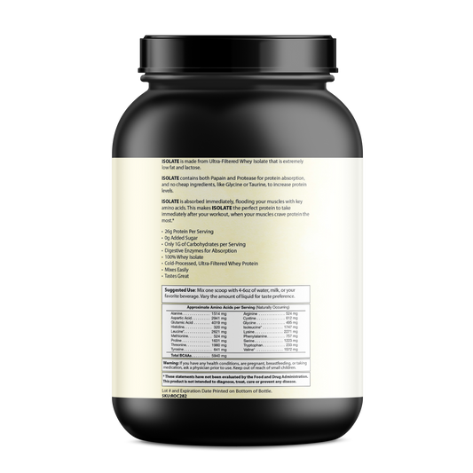 Pure Whey Isolate protein powder container emphasizing pure, high-quality muscle fuel with 25g protein and low sugar