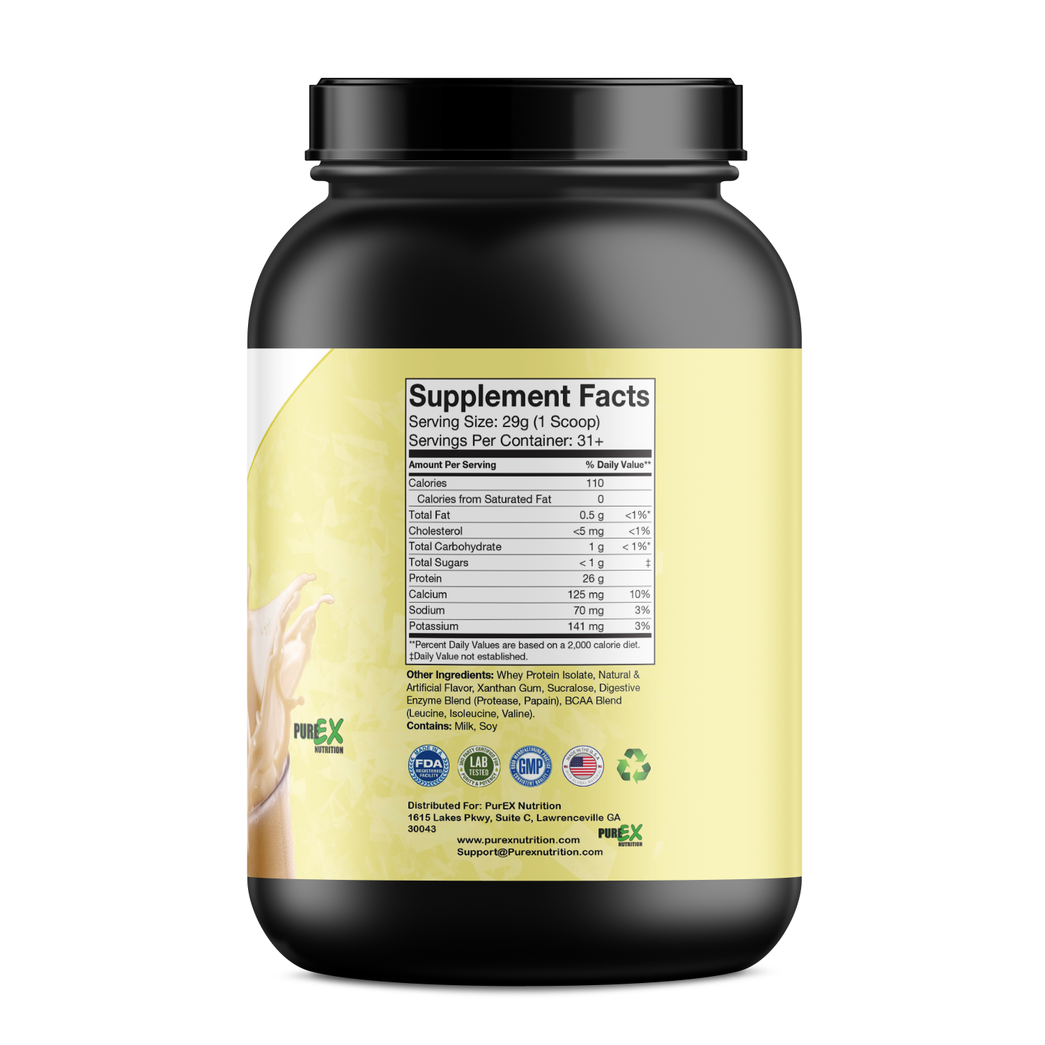 Pure Whey Isolate protein powder jar with 25g ultra-pure whey isolate per serving, gluten-free and low sugar for muscle growth and fast recovery