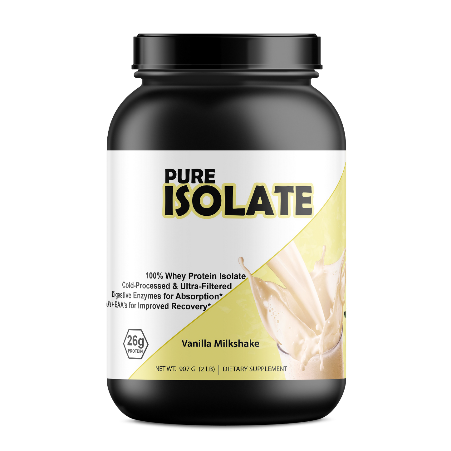 Container of Pure Whey Isolate protein powder highlighting 25g of pure whey isolate, zero fillers, and fast muscle recovery benefits