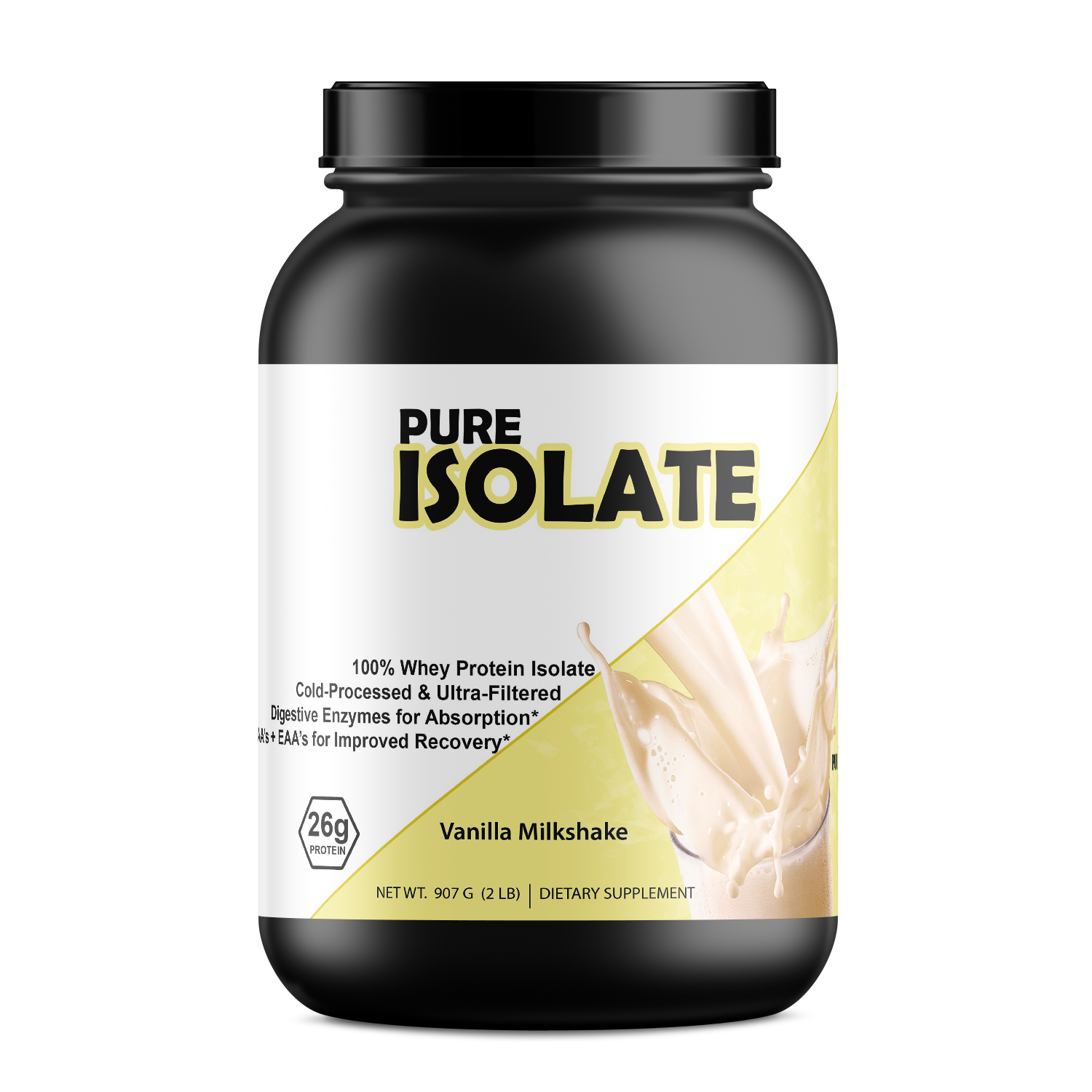 Container of Pure Whey Isolate protein powder highlighting 25g of pure whey isolate, zero fillers, and fast muscle recovery benefits