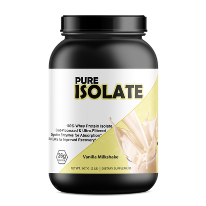 Container of Pure Whey Isolate protein powder highlighting 25g of pure whey isolate, zero fillers, and fast muscle recovery benefits