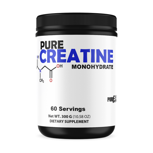 Pure Creatine supplement container with micronized creatine monohydrate for strength, focus, and recovery.