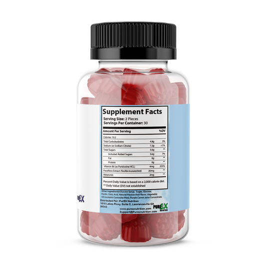 Pure Sleep Gummies bottle with melatonin, vitamin B6, and passionflower for better sleep and stress relief