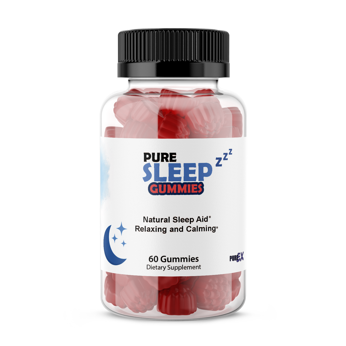 Pure Sleep Gummies bottle with melatonin, vitamin B6, and passionflower for natural restful sleep and stress relief