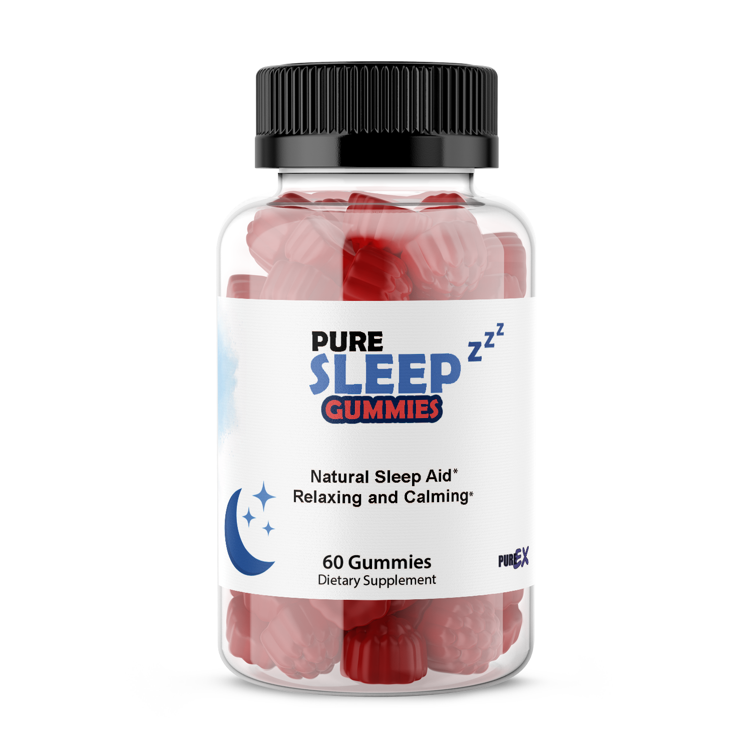 Pure Sleep Gummies bottle with melatonin, vitamin B6, and passionflower for natural restful sleep and stress relief