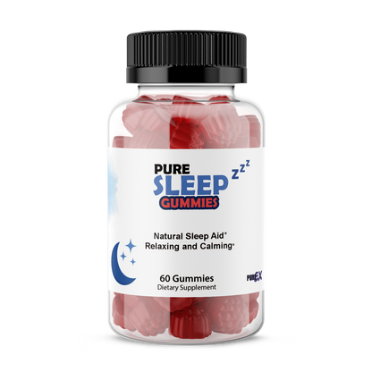 Pure Sleep Gummies bottle with melatonin, vitamin B6, and passionflower for natural restful sleep and stress relief