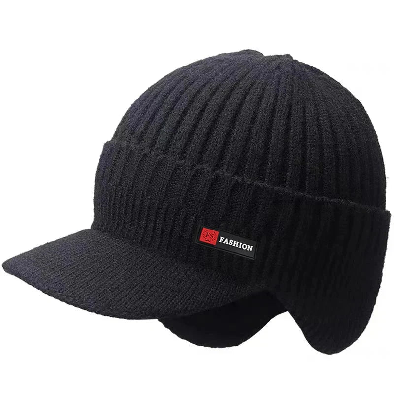 Winter men's hat with ear protection, windproof visor, and thick knitted design for outdoor activities
