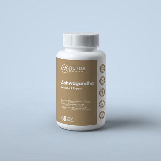 Nutra Moment Ashwagandha dietary supplement capsules with black pepper for mental and physical health benefits