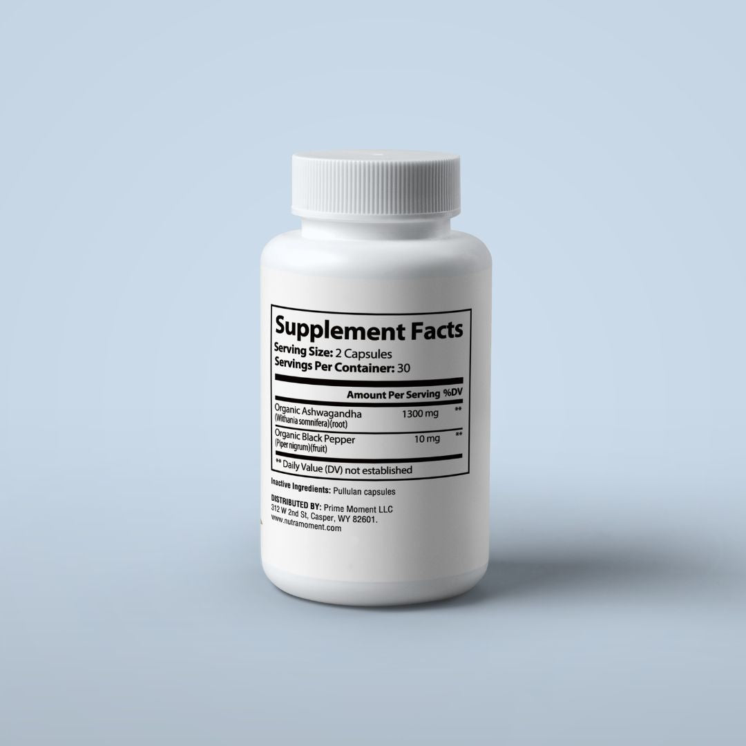 Nutra Moment Ashwagandha supplement with black pepper capsules for mental and physical health benefits