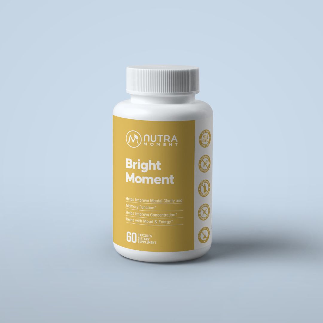 Bright Moment Brain & Focus Support supplement bottle with natural ingredients for concentration and memory enhancement