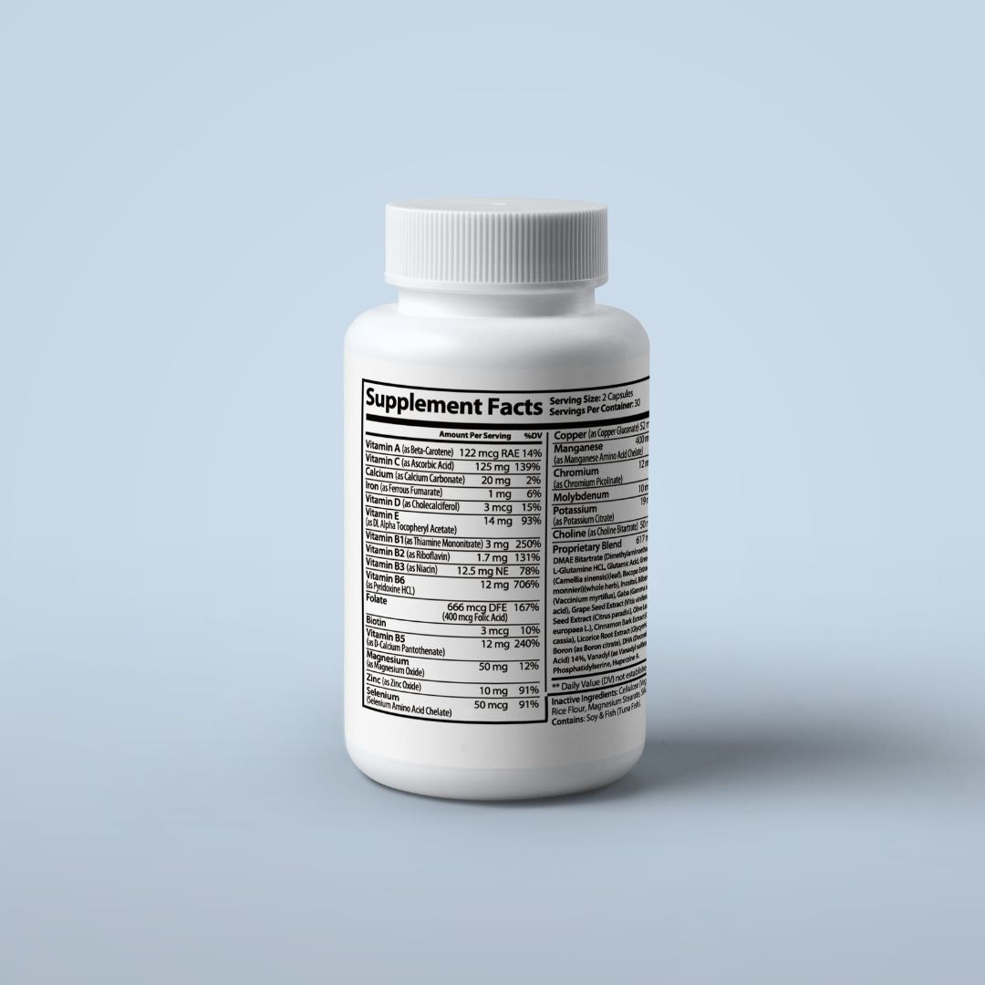 Bright Moment Brain & Focus Support supplement bottle with green and blue label and brain health icons