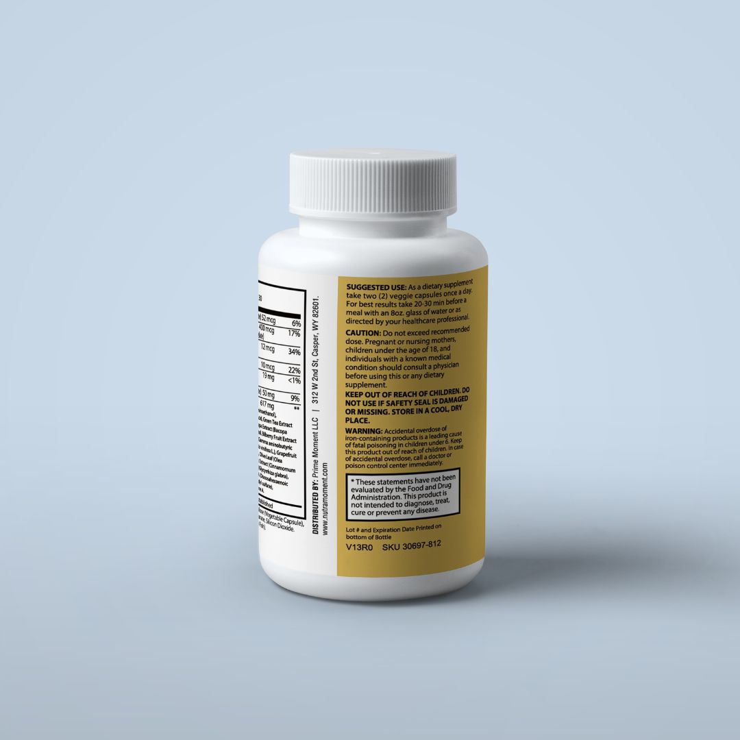 Bright Moment Brain & Focus Support supplement bottle with natural ingredient icons and focus-enhancing benefits text