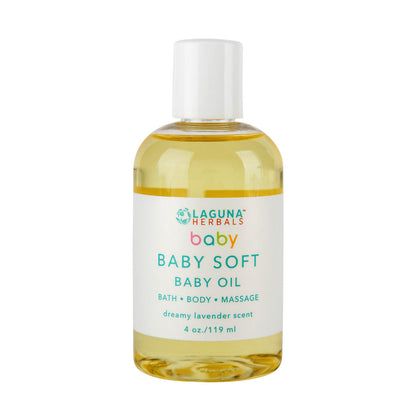 Bottle of organic baby oil with natural ingredients for sensitive skin care and baby massage