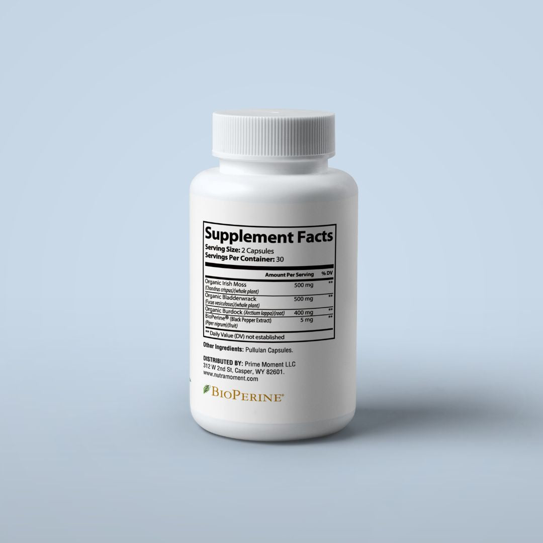 Organic Sea Moss supplement capsules with natural Irish Moss, Bladderwrack, and Burdock Root ingredients for immune, joint, and skin health