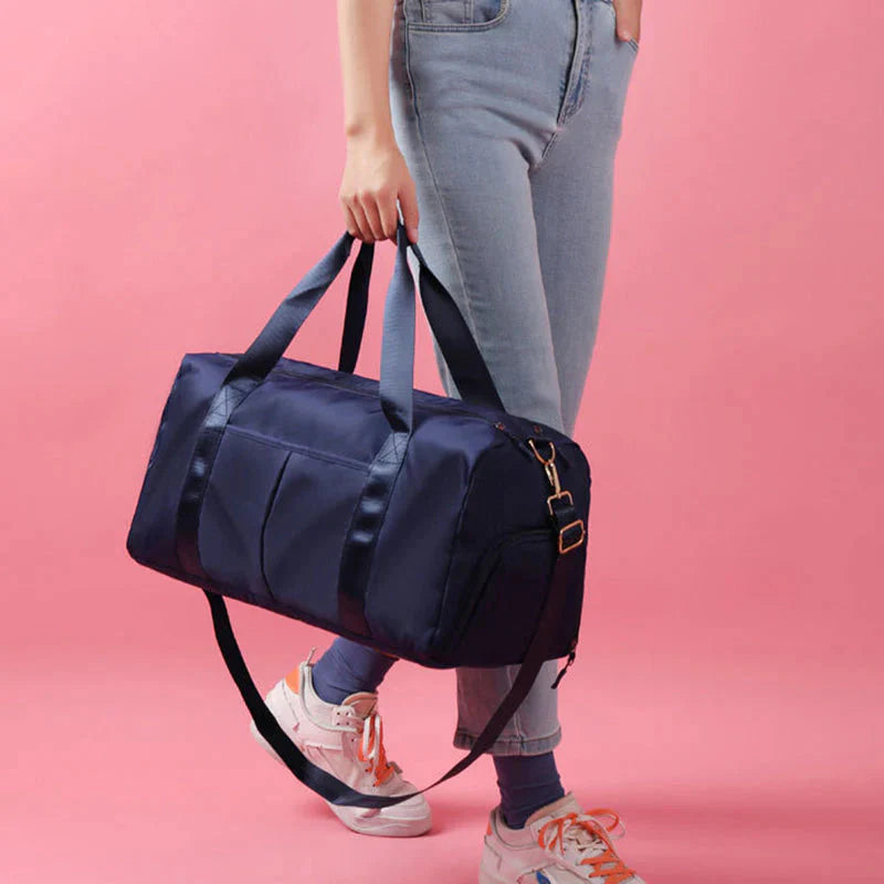Waterproof fitness sports travel duffel bag with spacious, durable, and organized compartments for men and women.