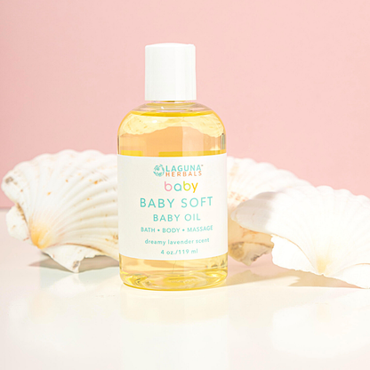 Bottle of Organic Baby Oil with natural ingredients for sensitive skin care