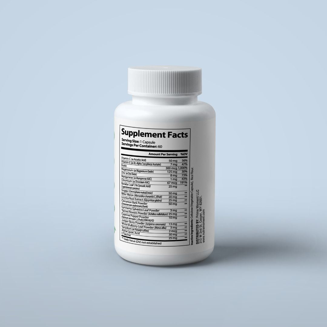 Nutra Moment Blood Sugar Support supplement bottle with herbal ingredients for balanced blood sugar and cardiovascular health