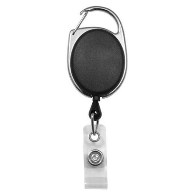 Retractable hoo(key) Keychain Holder with chromed metal reel, carabiner clip, extendable cord, and waterproof badge ID card holder
